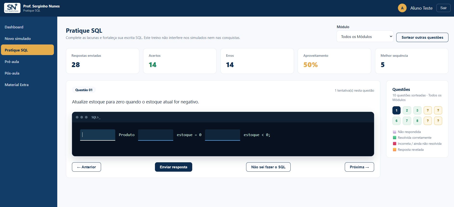 Área Pratique SQL da plataforma