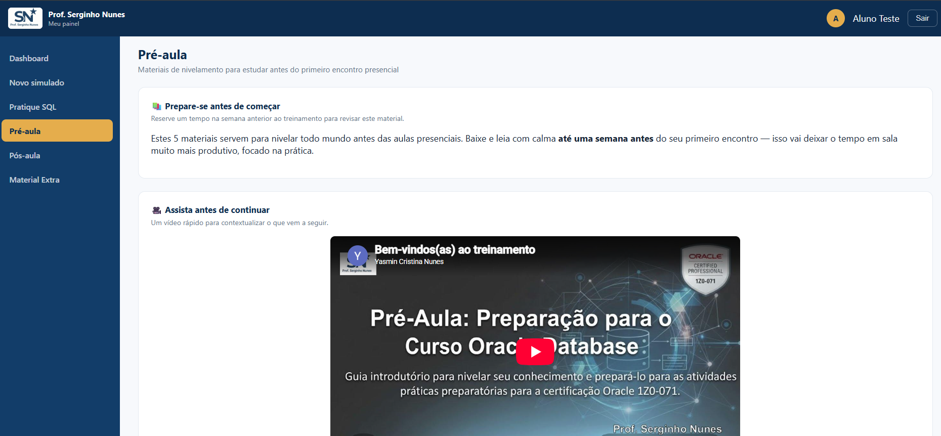 Área de pré-aula da plataforma